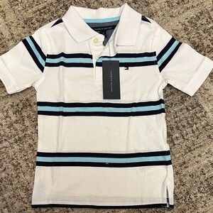Tommy Hilfiger White Polo with Blue and Black Stripes